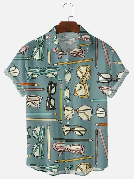 Mens Glasses Print Lapel Casual Loose Short Sleeve Hawaiian Shirt, Blue, Shirts