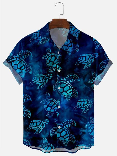 Mens Sea turtle Print Lapel Casual Loose Short Sleeve Shirt, Blue, Shirts