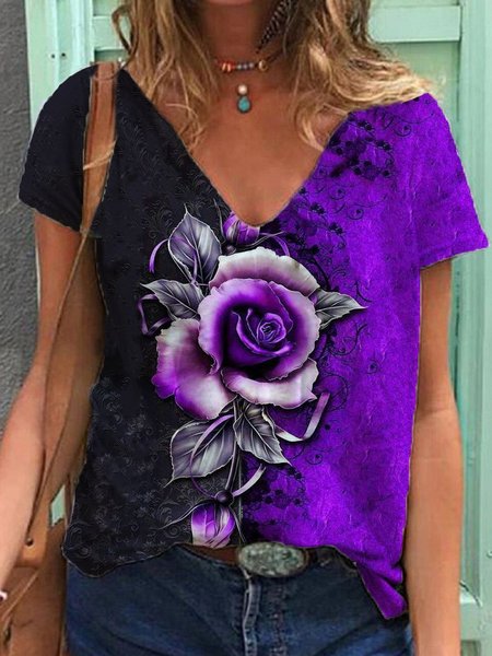 Short Sleeve Casual V Neck Tops, Purple, T-Shirts