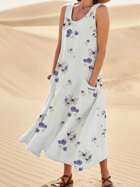 Crew Neck Printed Elastane Floral Weaving Dress, White, Floral Dresses