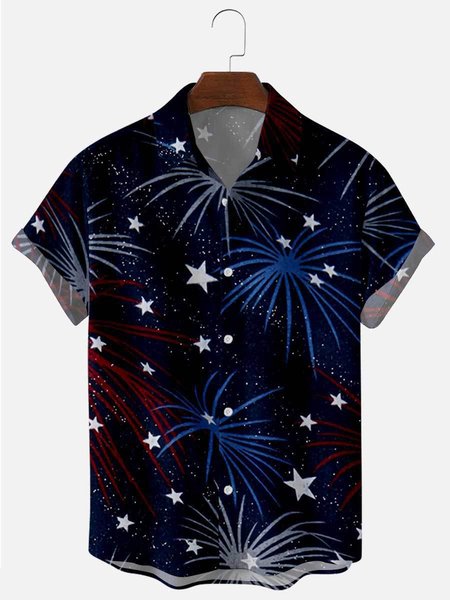 Mens Fireworks Print Lapel Casual Loose Short Sleeve Shirt, Navy blue, Shirts