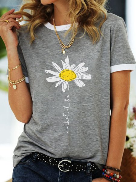 Let It Be Daisy Women Crew Neck Floral Tee T-shirt, Gray, T-shirts