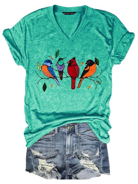 Multicolor Bird V-neck Graphic Tee, Grass green, T-shirts