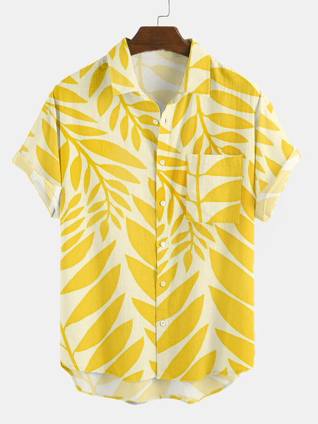 Shirt Collar Leaves Shirts & Tops, Yellow, Short Sleeves Shirts