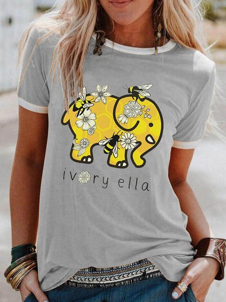 Ivory Ella Bee T-shirt Elephant Casual Crew Neck Tee, Gray, T-shirts