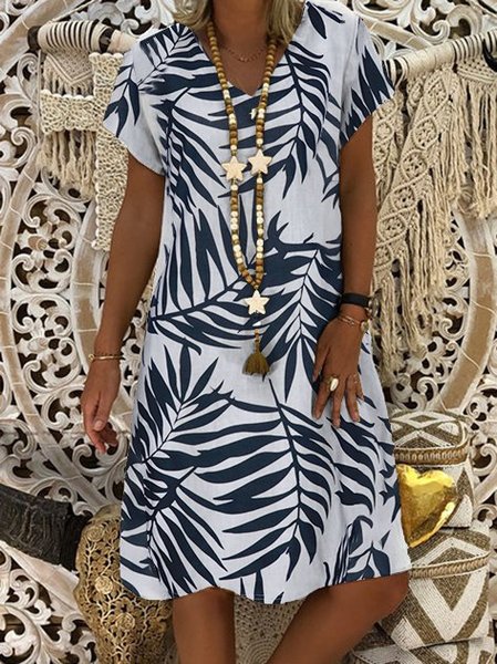 Leaves Short Sleeve Women Dress, Light gray, Midi Dresses