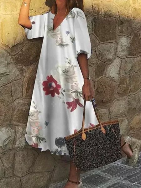 Cotton-Blend V Neck Casual Half Sleeve Women Dress, White, Maxi Dresses