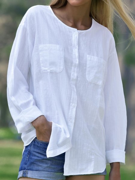 Crew Neck Casual Long Sleeve Tops, White, Blouses & Shirts