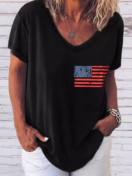 American Flag Star Striped V-Neck T-Shirt Tee, Black, T-Shirts
