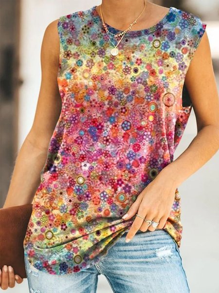 Printed Casual Sleeveless Crew Neck Shirts & Tops, Multicolor, Tops