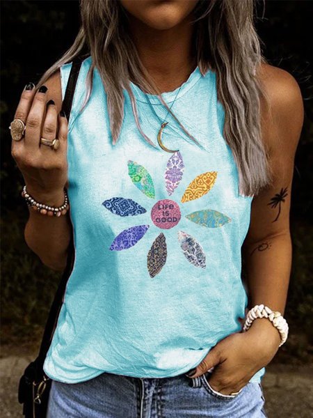 Elastane Floral Crew Neck Sleeveless Shirts & Tops, Blue, Tops
