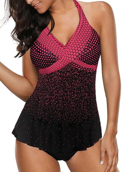 Dot V Neck Swimwear, Rose red, Swimwear