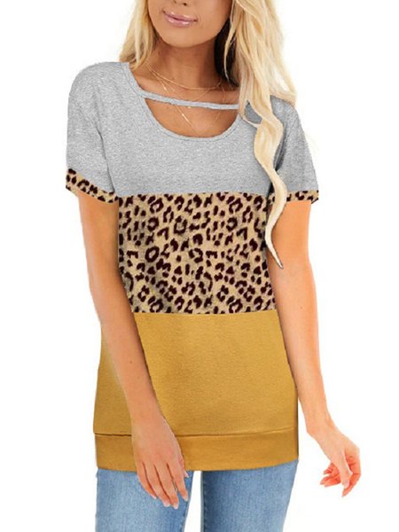 Leopard Print Stitching Hollow Round Neck Tee, Yellow - gray, T-shirts