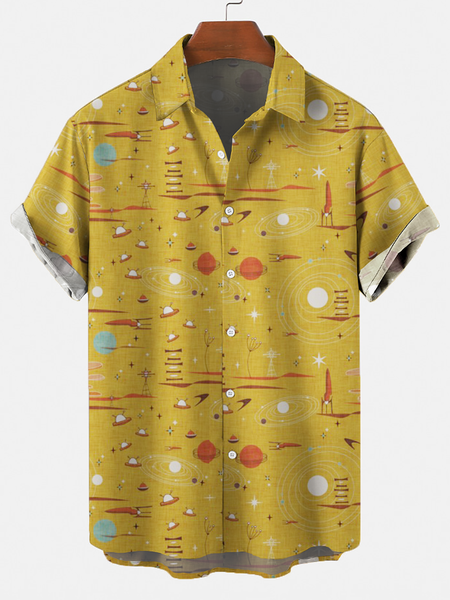 Casual Printed Shirt Collar Shirts & Tops, Yellow, Short Sleeves Shirts