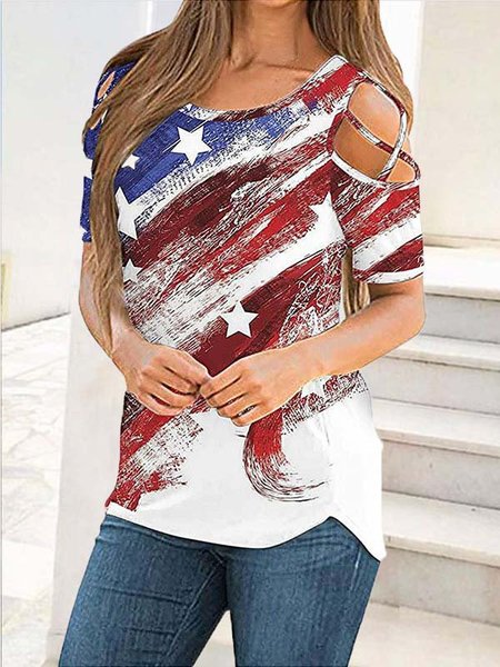 Short Sleeve Casual Cotton-Blend Flag Tops, As picture, T-Shirts