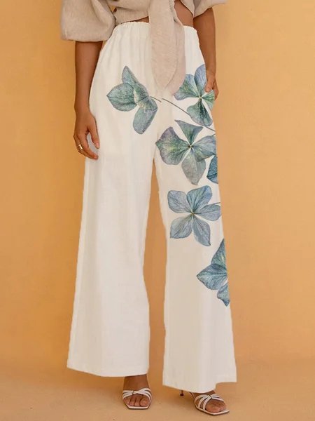 Floral Print Elastic Waist Cotton-Blend Pants, White, Pants