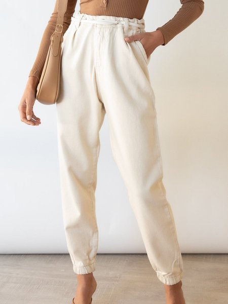 Cotton-Blend Casual Pants, White, Pants