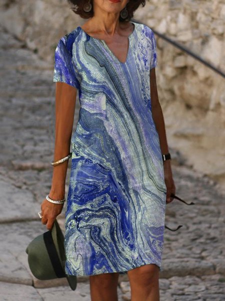 

Summer Leisure Vacation Sea Short Sleeve Floral-Print Casual Weaving Dress, Blue, Tie dye dress