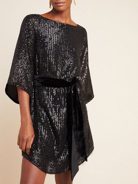 Abito Signora Solido Mezza Manica, Nero, Dresses