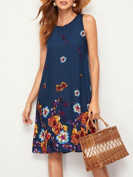 Shift Sleeveless Floral Crew Neck Dress, Navy blue, Mini Dresses