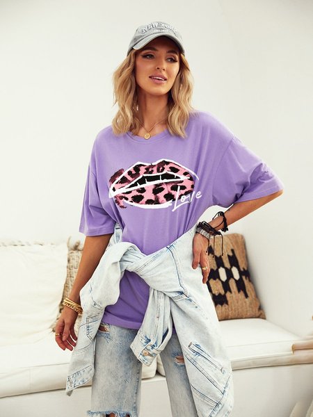 Pink Sexy Leopard Lips Oversized Print Tee, Purple, T-shirts