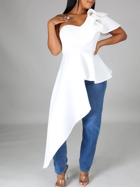 Solid Elegant Sleeveless High Low One Shoulder Blouse, White, Blouses and Shirts 
Solid Elegant Sleeveless High Low One Shoulder Blouse, White, Blouses and Shirts