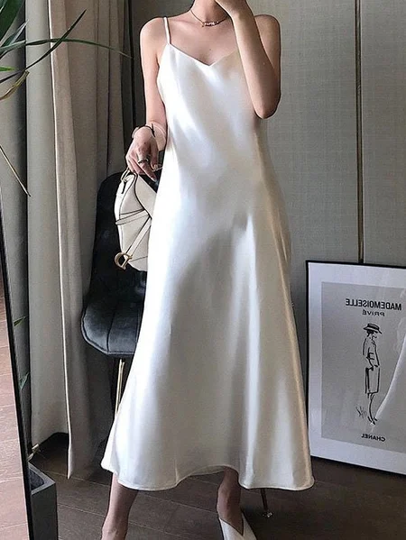 Sleeveless Plain Shift V Neck Sexy Midi Dress, White, Midi Dresses
Sleeveless Plain Shift V Neck Sexy Midi Dress, White, Midi Dresses
