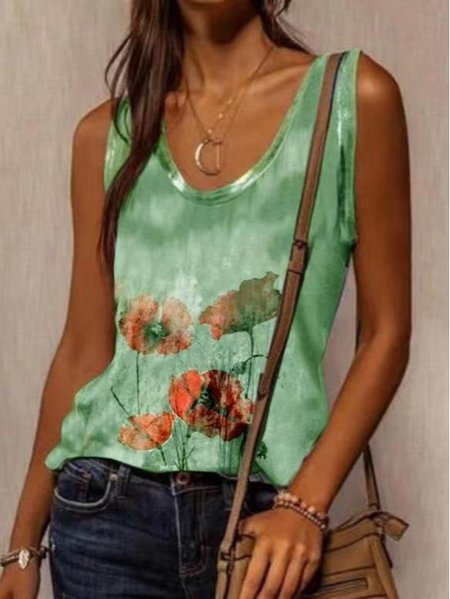 Sleeveless Casual Shift Floral Tanks & Camis, Green, Tanks & Camis