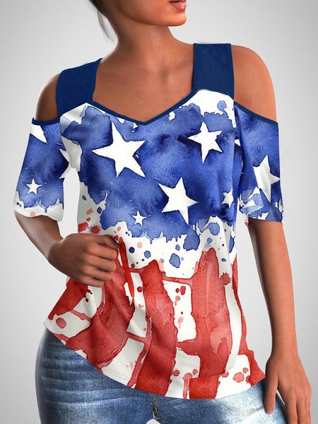 Womens casual Fourth of July American flag print top, Red, T-Shirts