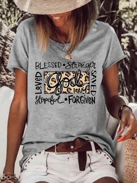 Because Of God I Am Leopard Print Crew Neck Loose T shirt, Gray, T-shirts