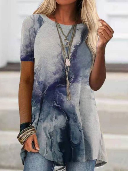 Casual Crew Neck Short Sleeve Shift T-shirt, As picture, Tees & T-shirts