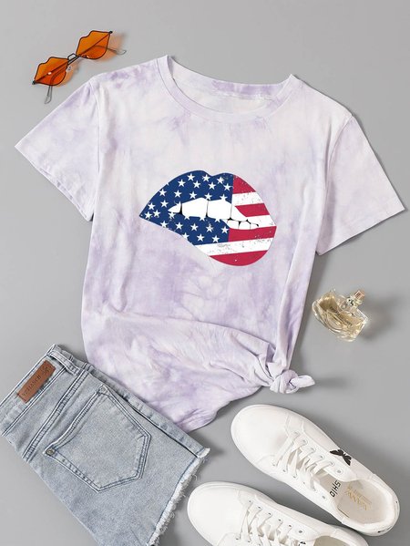 American Flag Lips Graphic Short Sleeve Tie-Dye T Shirt, Purple, T-shirts
