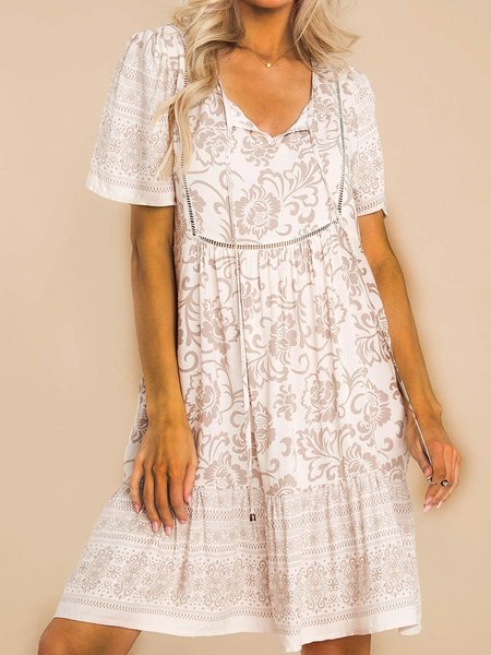 Paisley Short Sleeve Printed Polyester V neck Boho Summer Apricot Dress, Midi Dresses