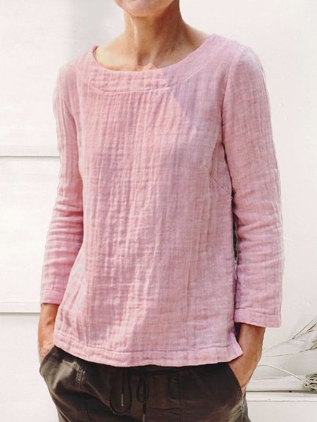 Long Sleeve Crew Neck Linen Casual Shirts & Tops, Pink, Tops