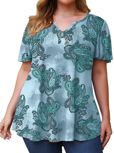 casual paisley floral-print short sleeve Tops, White, T-Shirts