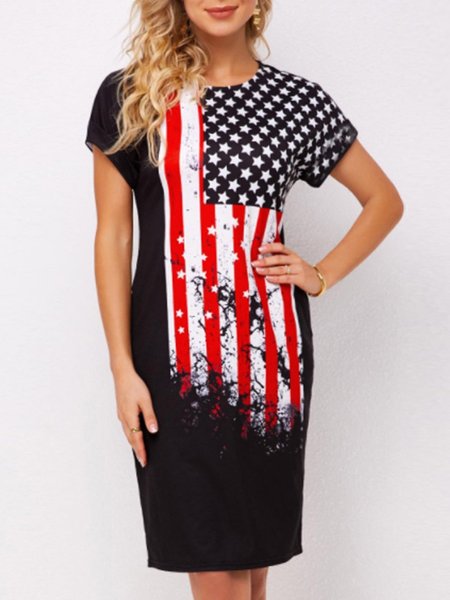 Shift Statement Crew Neck Casual Short Sleeve Dress, Black, Mini Dresses