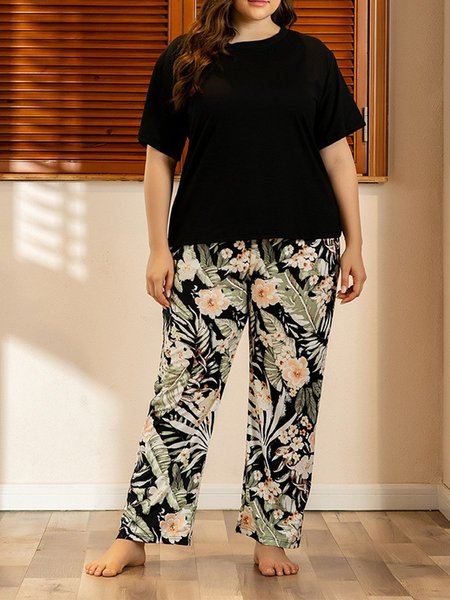 Casual Crew Neck Printed Two Piece Sets, Black, Loungewear & Sleepwear