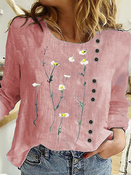 Plus size Casual Floral Long Sleeve Shirts & Tops, Red, Tops