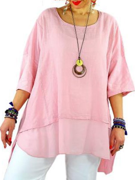 Casual Crew Neck Shift 3/4 Sleeve Top, Pink, Blouses and Shirts