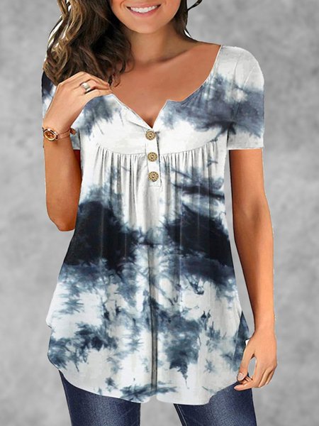 White Ombre/tie-Dye Printed Buttoned Casual Short Sleeve Shirts & Tops, Tops