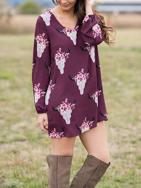 Long Sleeve Casual V Neck Dresses, Wine red, Print Dress