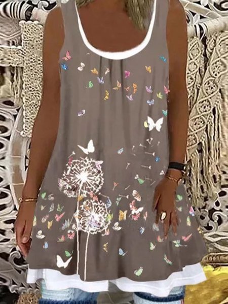 Animal Casual Round Neckline Sleeveless Blouses, Brown, Tanks & Camis