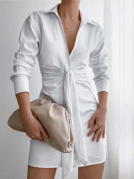Casual Long Sleeve V Neck Mini Dress, White, Mini Dresses