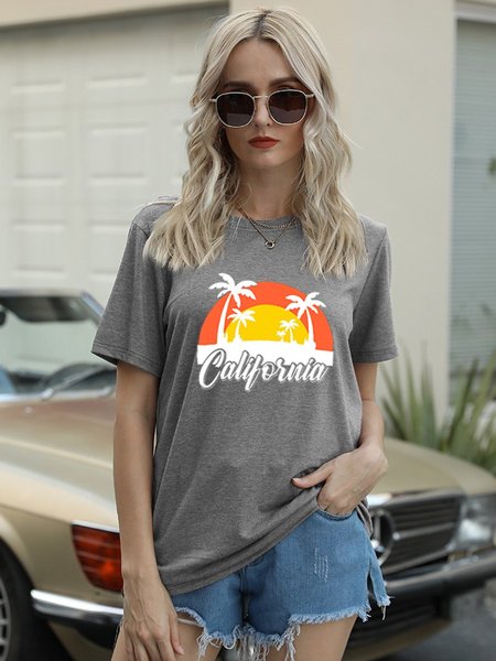Coconut tree Short Sleeve Crew Neck Cotton-Blend Shirts & Tops, Light gray, T-shirts