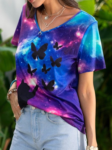 

Cat Butterfly Illusion Starry Sky Painting Print T-shirt, Purple, T-Shirts