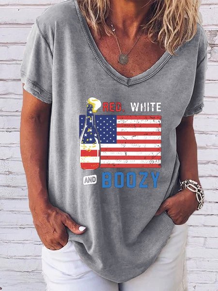 Red White And Boozy American Flag Short Sleeve Cotton-Blend Shirts & Tops, Gray, T-shirts