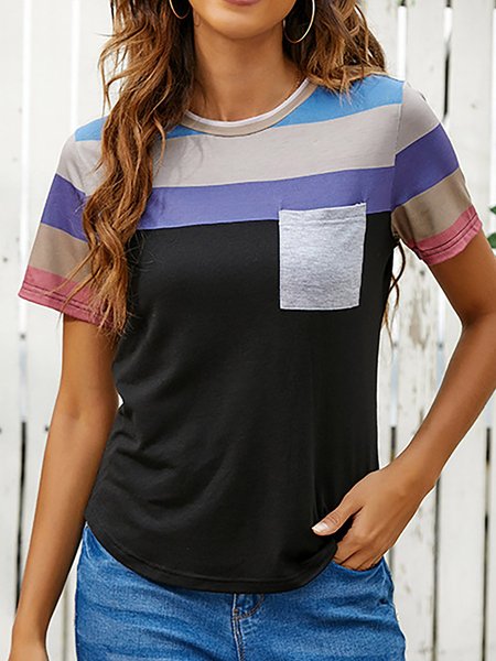 Color Striped Contrast Stitching Short Sleeve Casual T-shirt, Black, T-Shirts
Color Striped Contrast Stitching Short Sleeve Casual T-shirt, Black, T-Shirts