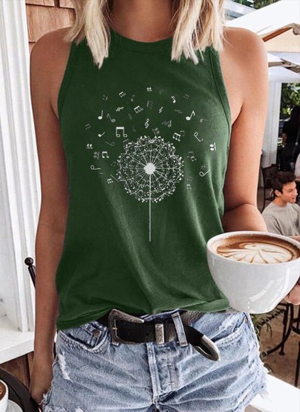Musical Note Dandelion Graphic Ladies Casual Vest, Dark green, Tank Tops