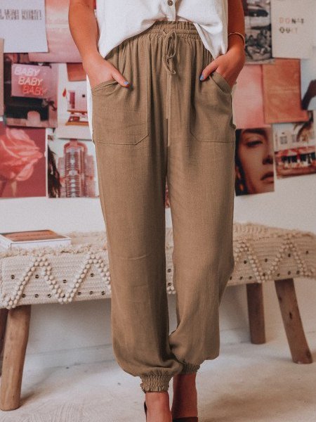 Brown Casual Drawstring High Waist Pockets Joggers, Pants