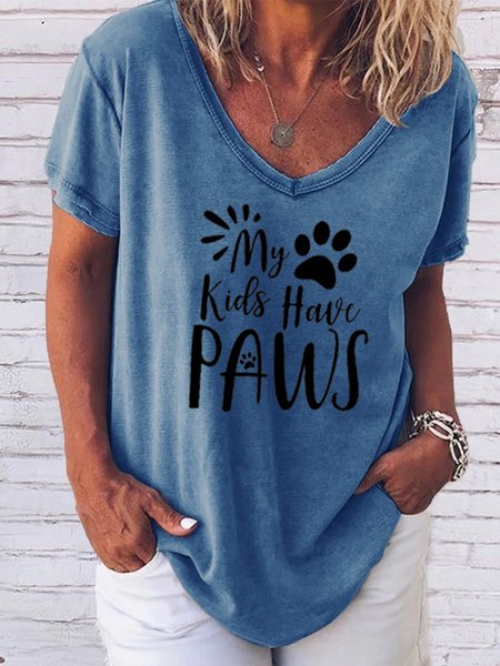 My Kids have Paws Women Graphic V Neck T-Shirt Top, Blue, T-shirts